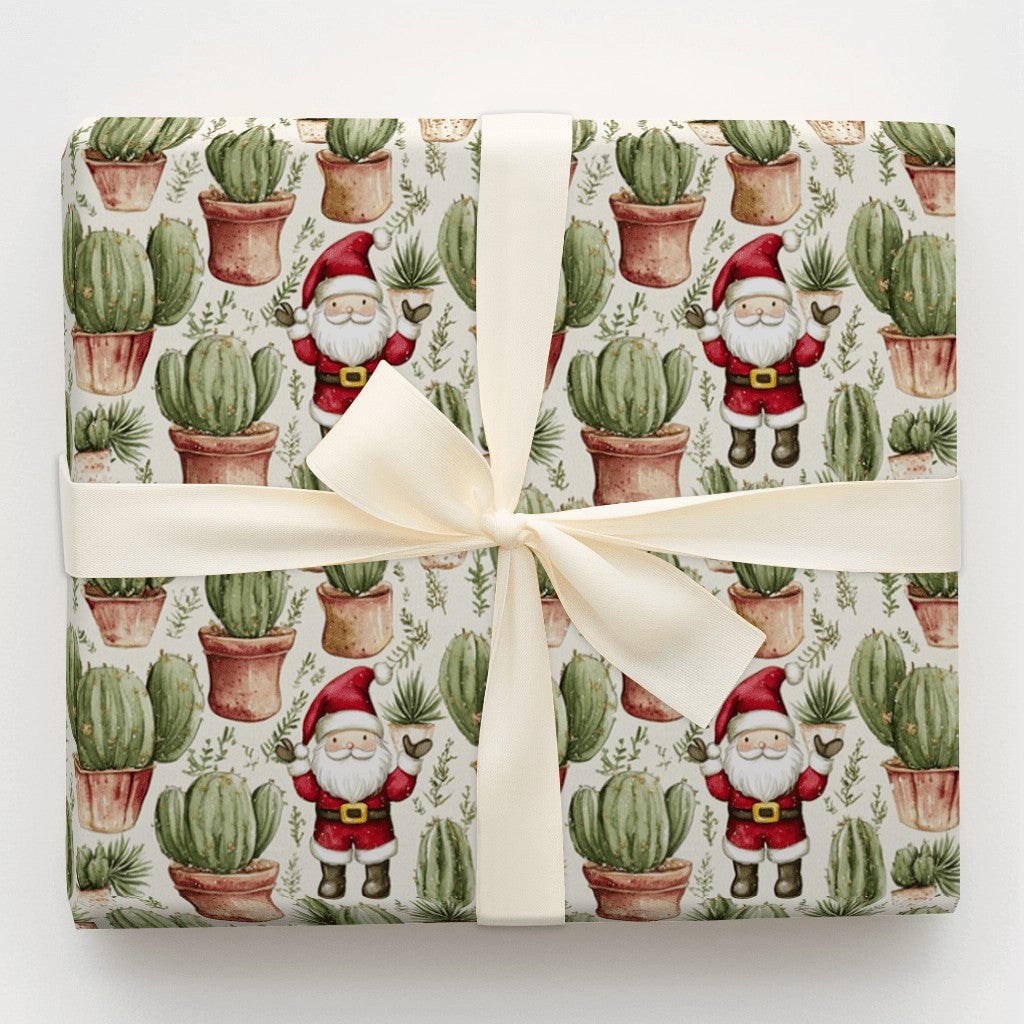 Desert Holiday Gift Wrap, Santa Cactus Christmas Wrapping Paper, Watercolor Succulent Present Paper, Festive Christmas Presen