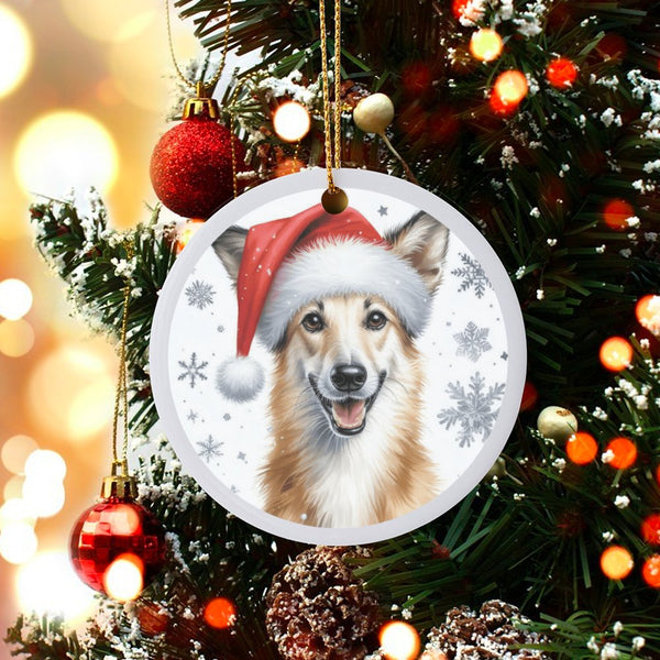 Collie Dog Holiday Ornament, Collie Dog Santa Hat Christmas Ornament, Ceramic Collie Tree Ornament, Dog Lover Pet Keepsake, X
