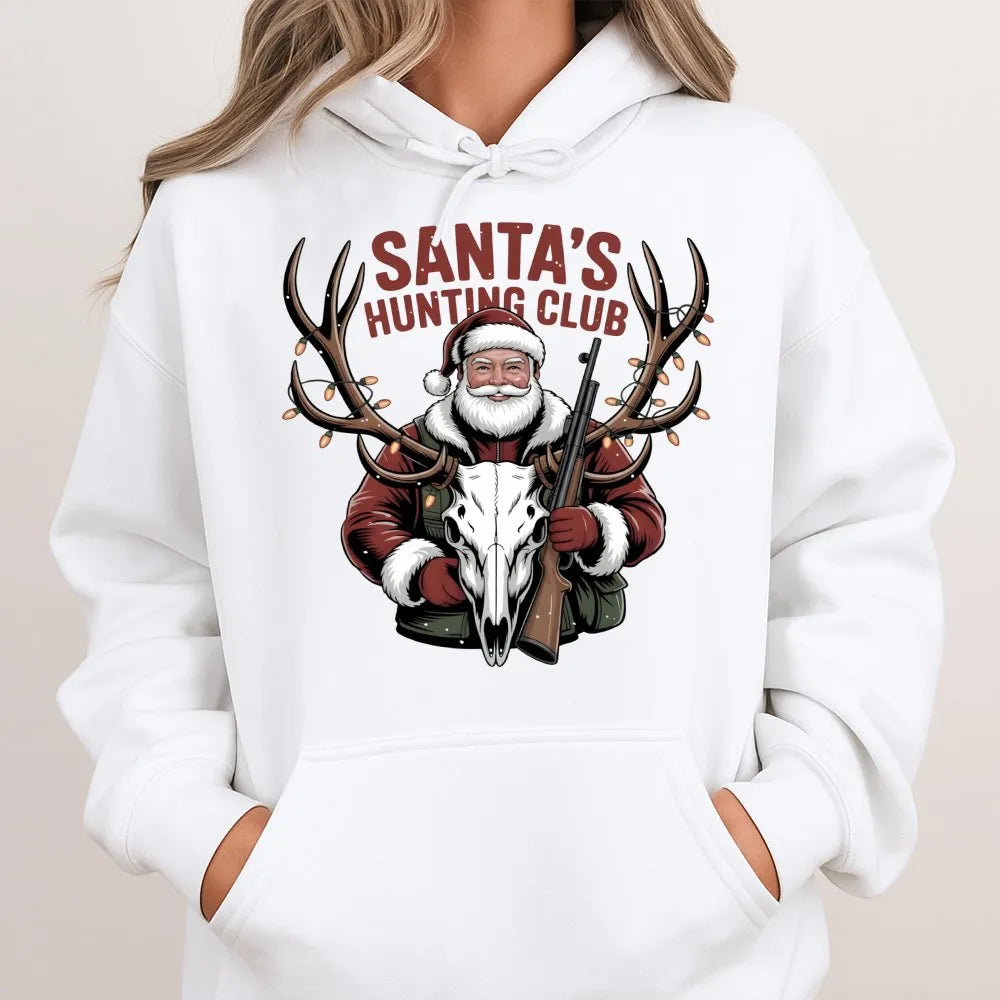 Christmas Deer Hunter Hoodie, Santa's Hunting Club Hoodie, Humorous Outdoorsman Sweatshirt, Hunting Hooded Sweatshirt, Holida