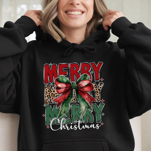 Coquette Leopard Bow Sweatshirt, Merry Christmas Hoodie, Adorable Xmas Holiday Graphic Pullover, Preppy Winter Present for Wo