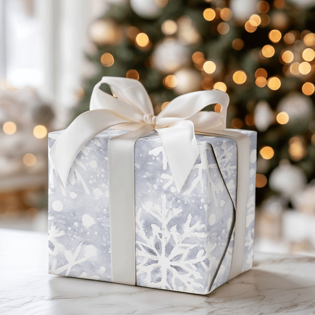 Watercolor Blue and White Christmas Gift Wrap, Winter Snowflake Wrapping Paper, Elegant Festive Wrapping Paper Roll, Holiday 