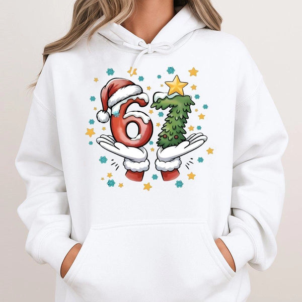 Humorous Santa Hands Number Meme Hoodie, 67 Christmas Hoodie, Holiday Party Humor Hooded Sweatshirt, Adorable Xmas Graphic Pu