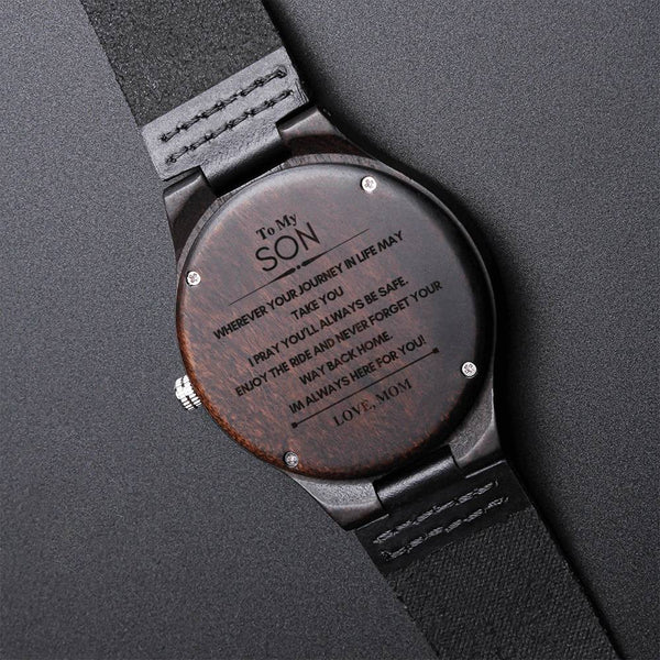 Sandalwood Mens Watch with Japanese Quartz Movement, Son Engraved Wooden Watch, Leather Band Timepiece, Birthday Christmas Pr