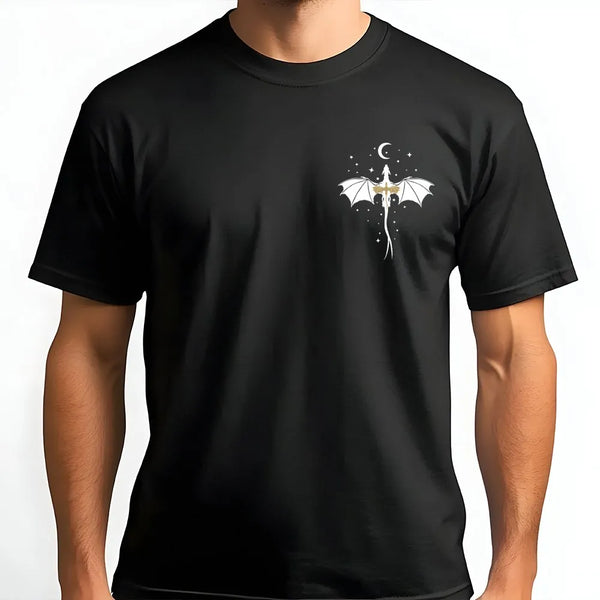 Minimalist Dragon T-Shirt | Celestial Sword Dragon Chest Graphic | Premium Cotton Blend | Fantasy Reader Gift