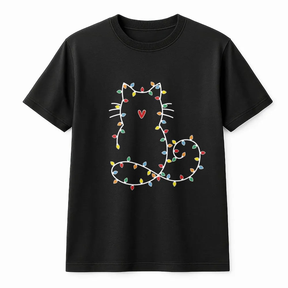 Adorable Kitty Holiday Shirt, Fairy Lights Cat Christmas T-Shirt, Minimalist Cat Graphic Tee, Comfy Xmas Cat Lover Apparel, C