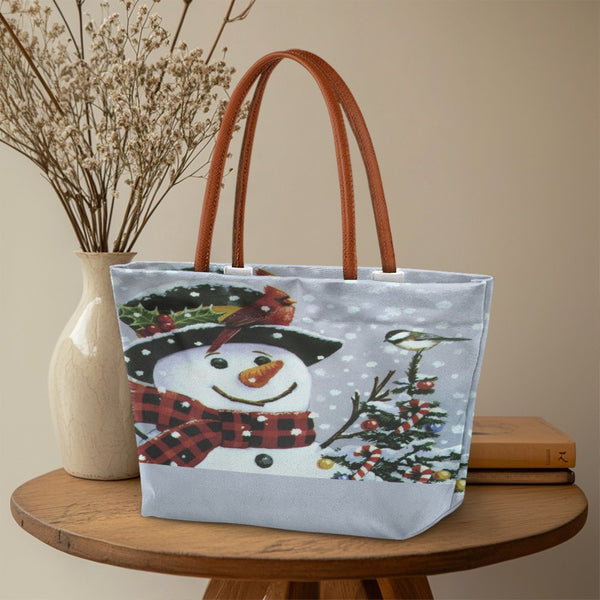 Cardinal Chickadee Holiday Tote Bag, Christmas Snowman Tote Bag, Winter Festive Bird Tote Bag, Adorable Xmas Shoulder Bag, Ho