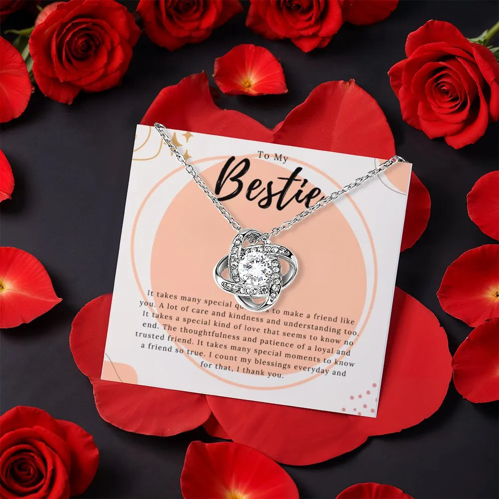 Sparkling CZ Crystal Gold Pendant, Bestie Love Knot Necklace, Friendship Jewelry, Best Friend Birthday Christmas Present Neck