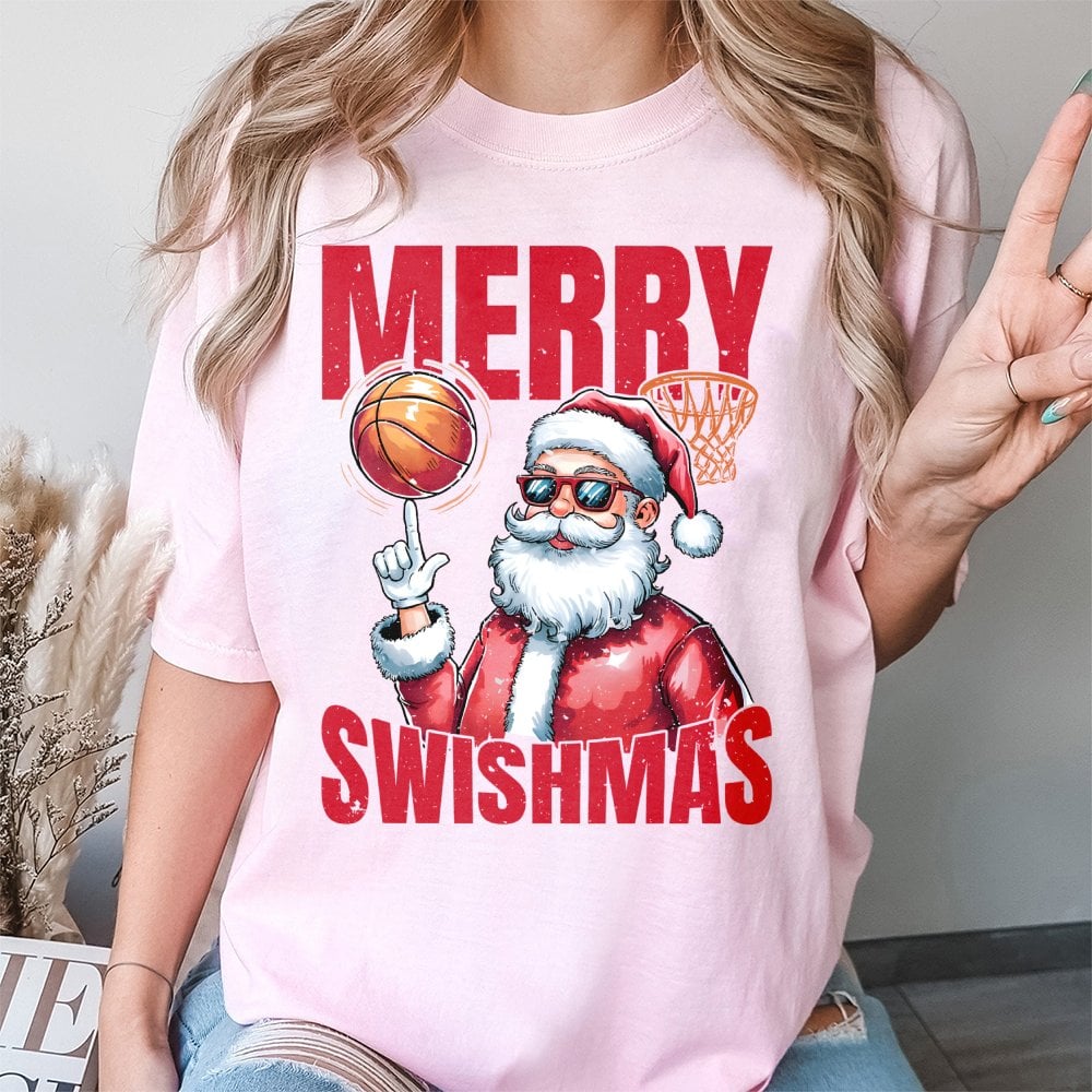 Retro Christmas Basketball Shirt, Merry Swishmas Basketball Santa T-Shirt, Humorous Holiday Sports Basketball Tee, Basketball
