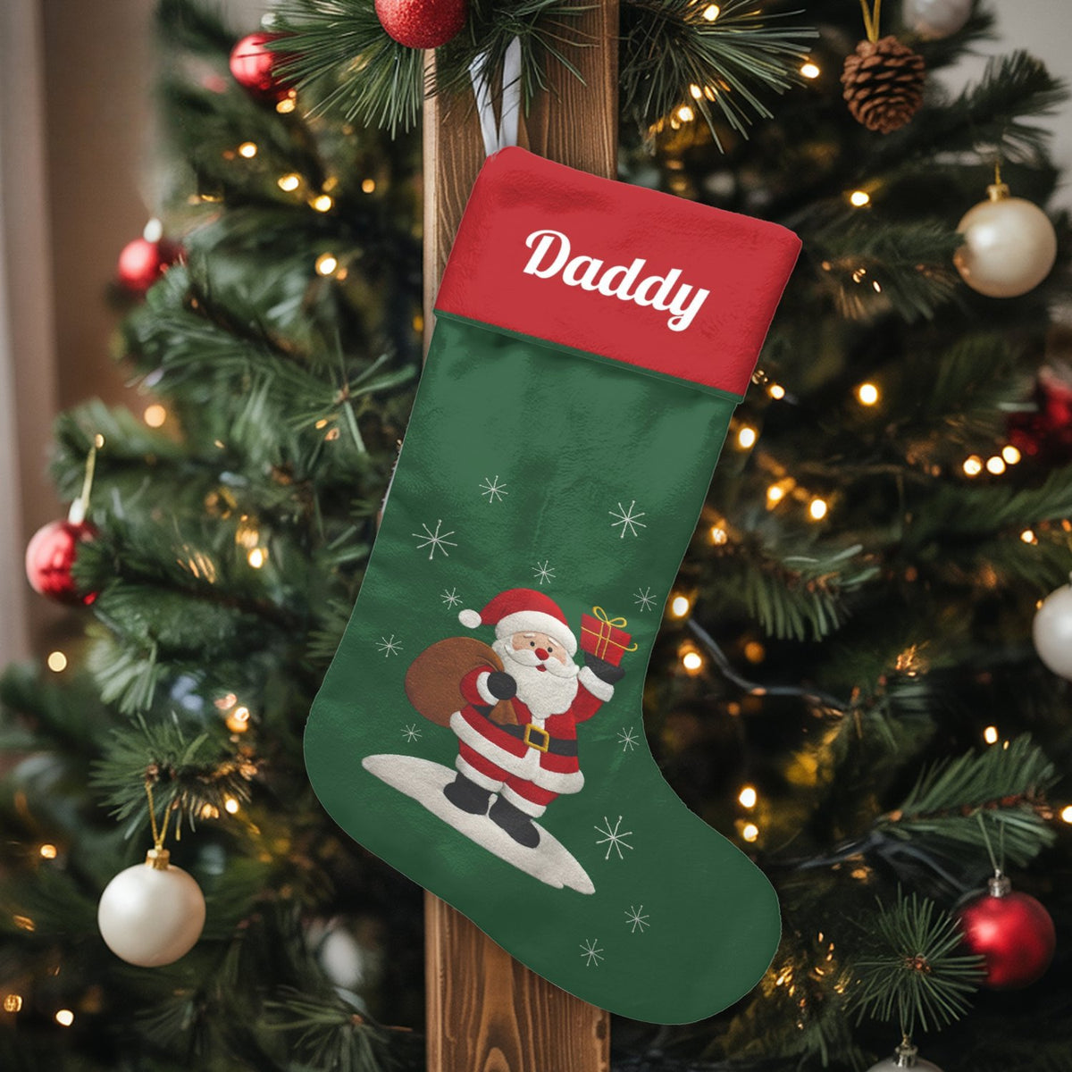 Custom Name Surf Holiday Stocking, Personalized Surfing Santa Christmas Stocking, Tropical Coastal Xmas Stocking, Beach Decor