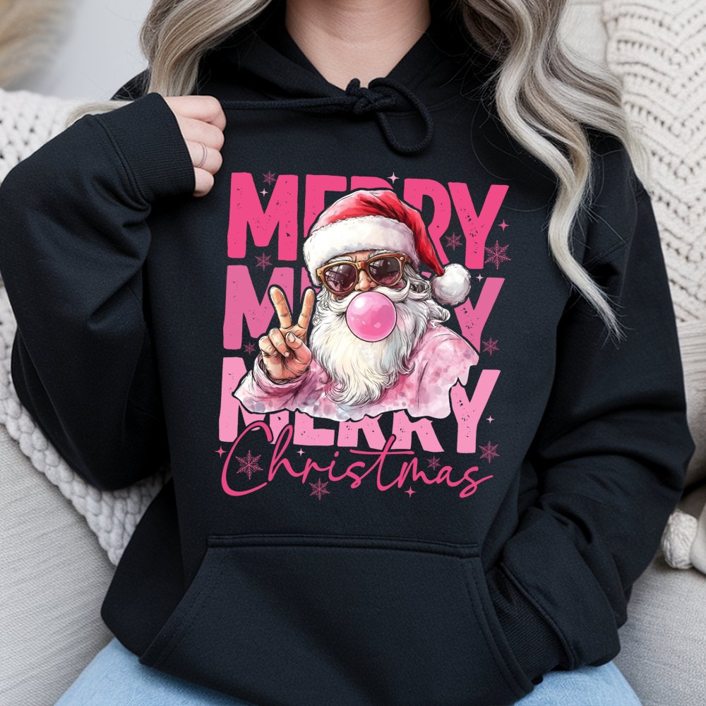 Humorous Bubble Gum Santa Hoodie, Retro Santa Hoodie, Cool Christmas Sunglasses Sweatshirt, Holiday Graphic Hooded Pullover, 