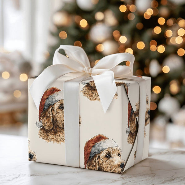 Santa Hat Dog Wrapping Paper, Goldendoodle Christmas Wrapping Paper, Adorable Puppy Holiday Gift Wrap, Doodle Winter Present 