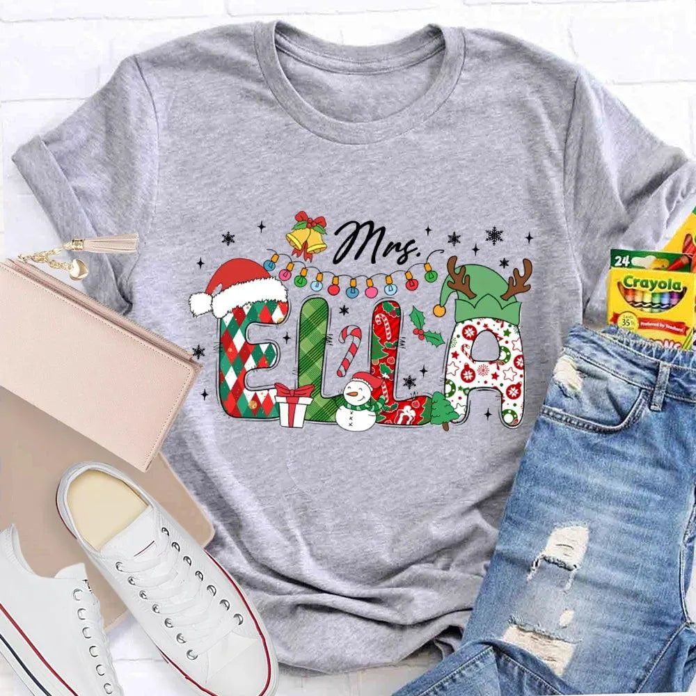 Custom Name Holiday Lights Tee, Personalized Christmas Snowman T-Shirt, Adorable Winter Xmas Shirt, Matching Family Christmas