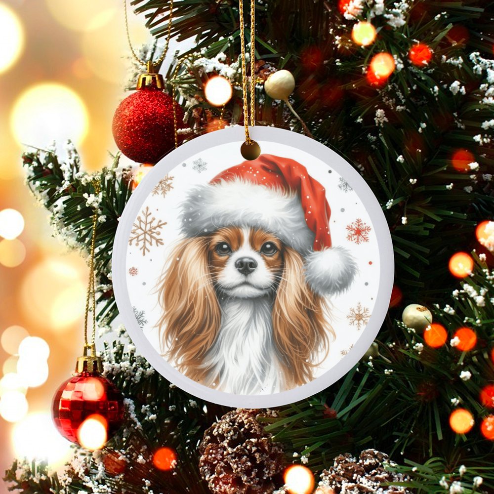 Santa Hat Dog Christmas Ornament, Cavalier King Charles Spaniel Ornament, Glossy Ceramic Tree Ornament, Dog Lover Keepsake, H