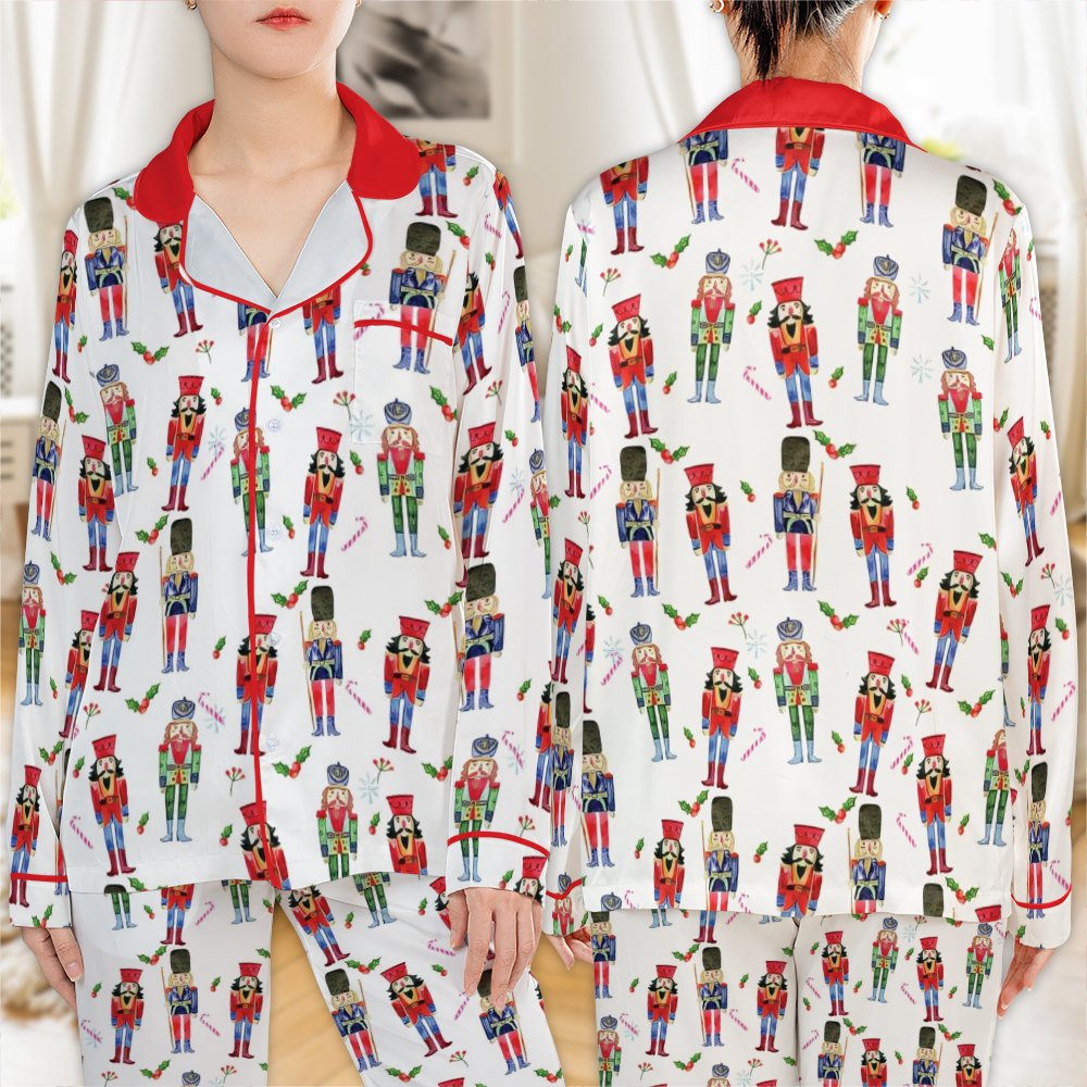Christmas Nutcracker Pajama Set, Festive Nutcracker Satin Pajamas, Holiday Winter Loungewear Set, Silky Pajama Sleepwear, Xma