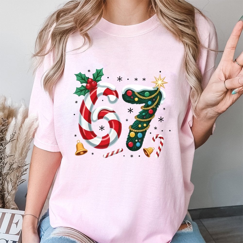 Candy Cane Holiday Tree Shirt, Number 67 Christmas T-Shirt, Festive Number Graphic Tee, Winter Birthday T-Shirt, Xmas Holiday
