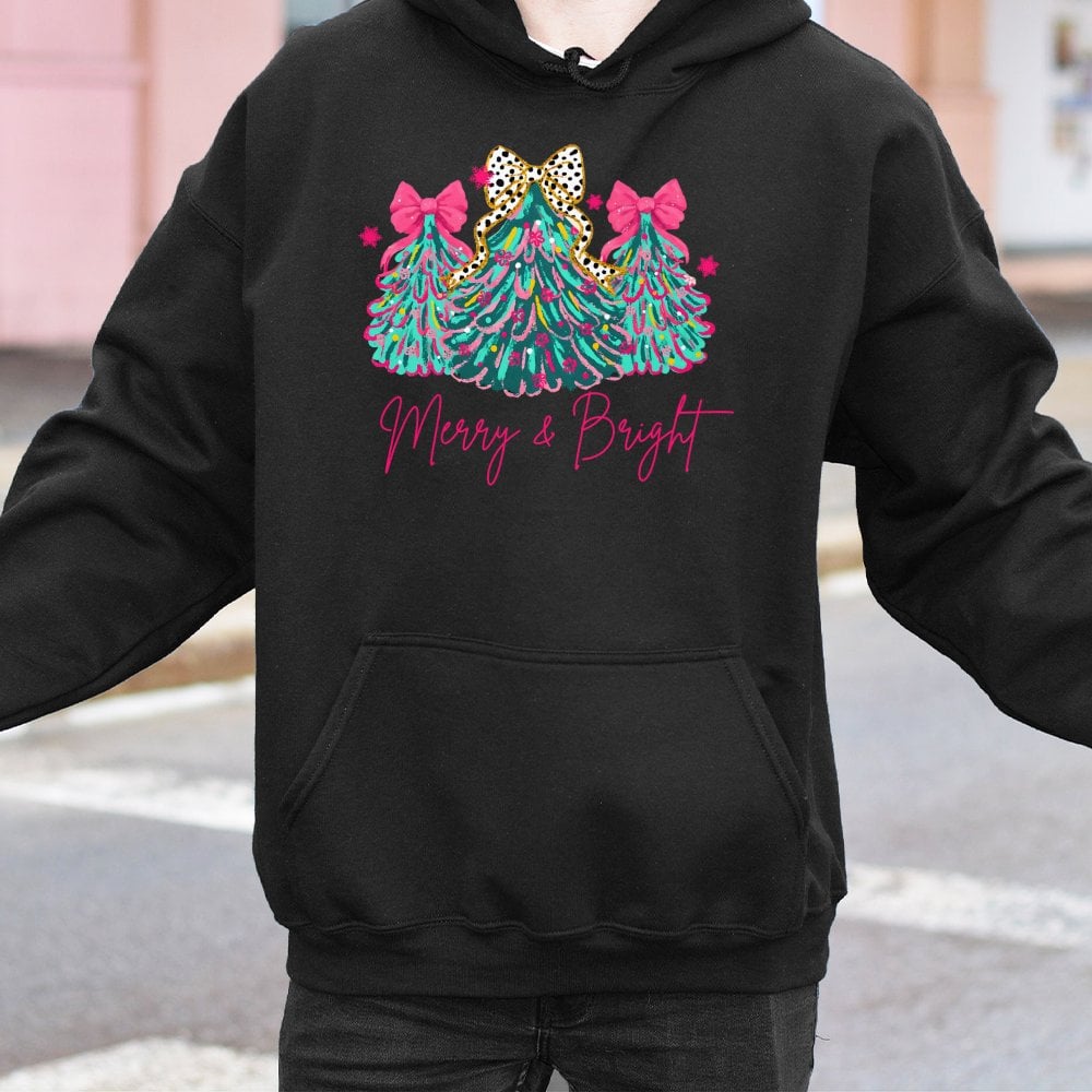 Adorable Tree with Pink Bows Graphic Sweatshirt, Merry & Bright Christmas Hoodie, Girly Holiday Pullover Hoodie, Festive Wint