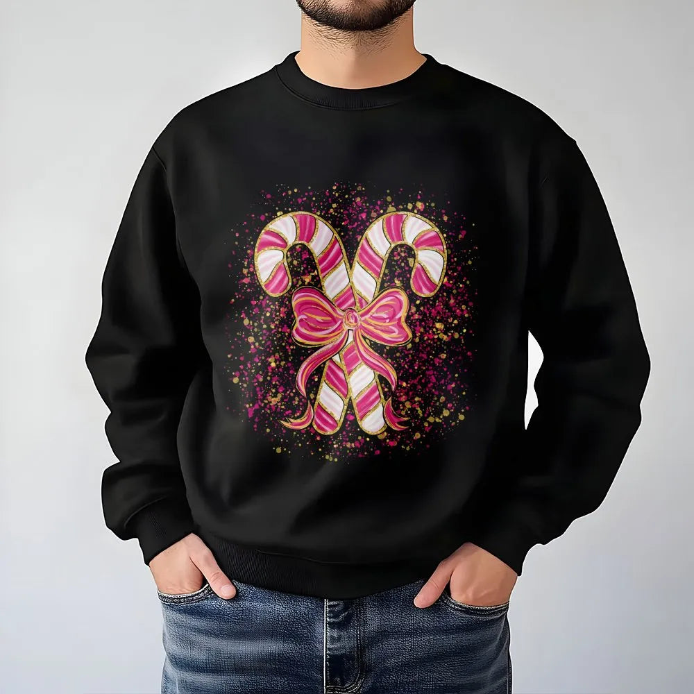 Coquette Candy Cane Sweater, Pink Candy Cane Sweatshirt, Pink Holiday Bow Crewneck, Adorable Winter Pullover, Christmas Prese