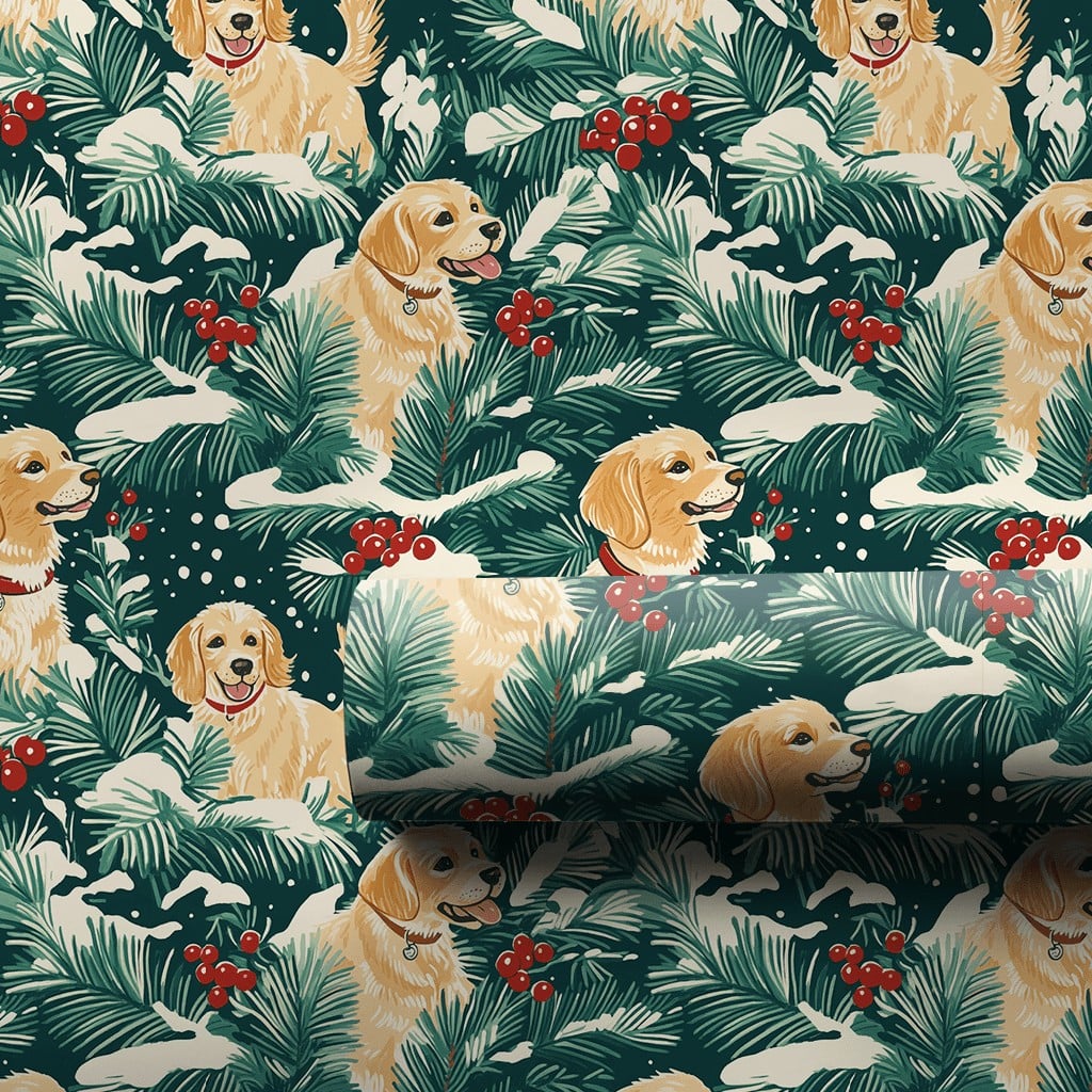 Snowy Pine Holly Dog Gift Wrap, Golden Retriever Wrapping Paper, Winter Dog Lover Holiday Wrapping Paper, Christmas Puppy Wra