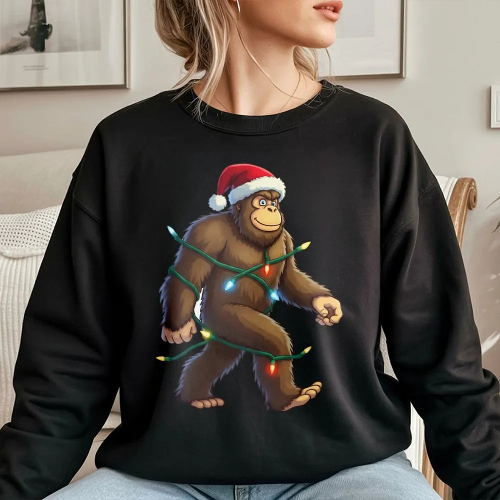 Sasquatch Christmas Lights Sweatshirt, Bigfoot Christmas Sweatshirt, Humorous Bigfoot Christmas Crewneck, Retro Yeti Xmas Swe