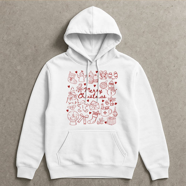 Festive Holiday Icons Graphic Hoodie, Merry Christmas Doodle Hoodie, Adorable Xmas Doodle Pullover Hoodie, Winter Holiday Hoo
