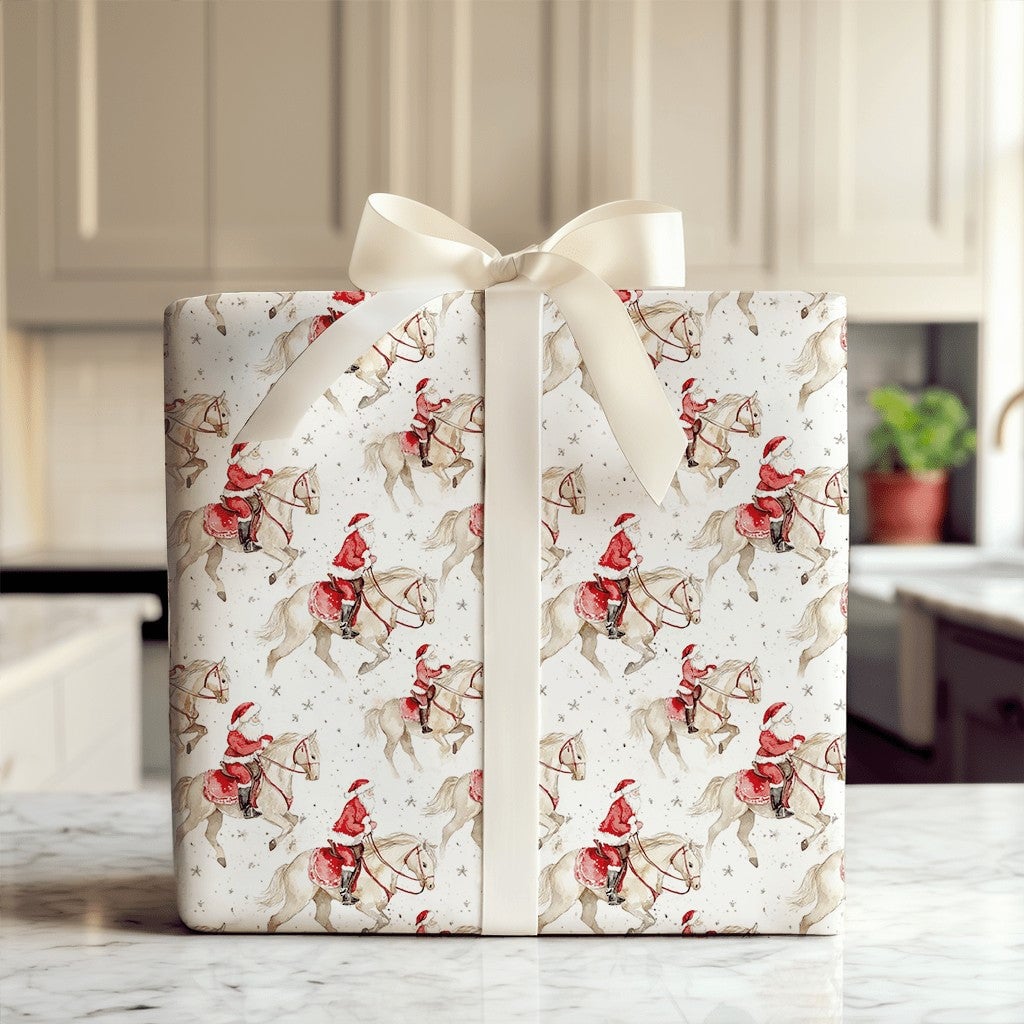Equestrian Christmas Gift Wrap, Santa Riding Horse Wrapping Paper, Watercolor Horse Lover Holiday Paper, Festive Xmas Gift Wr