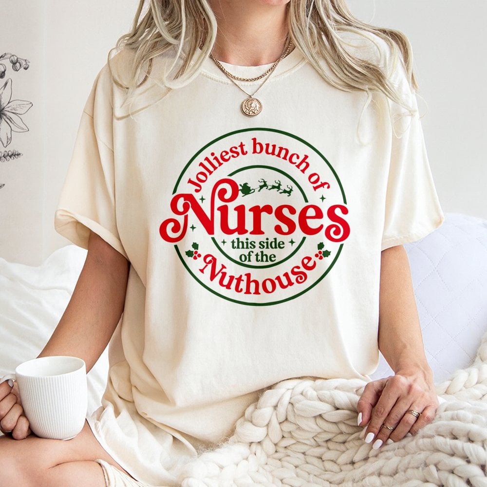 Humorous Christmas Nurse Graphic Tee, Jolliest Bunch of Nurses T-Shirt, Holiday Nursing Shirt, Adorable RN LPN CNA Xmas Tee, 