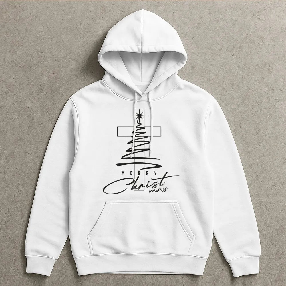 Christian Christmas Tree Hoodie, Merry Christmas Cross Hoodie, Religious Faith Holiday Hoodie, Winter Pullover Sweatshirt, Fa