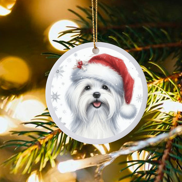 Adorable Santa Hat Puppy Ornament, Maltese Dog Christmas Ornament, Ceramic Holiday Tree Ornament, Round Dog Lover Keepsake, F