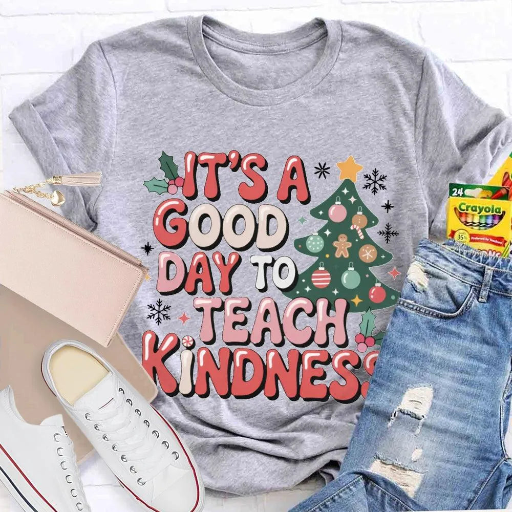 Good Day to Teach Kindness Tee, Kindness Christmas Tree Shirt, Retro Teacher Christmas T-Shirt, Adorable Holiday Educator Gra