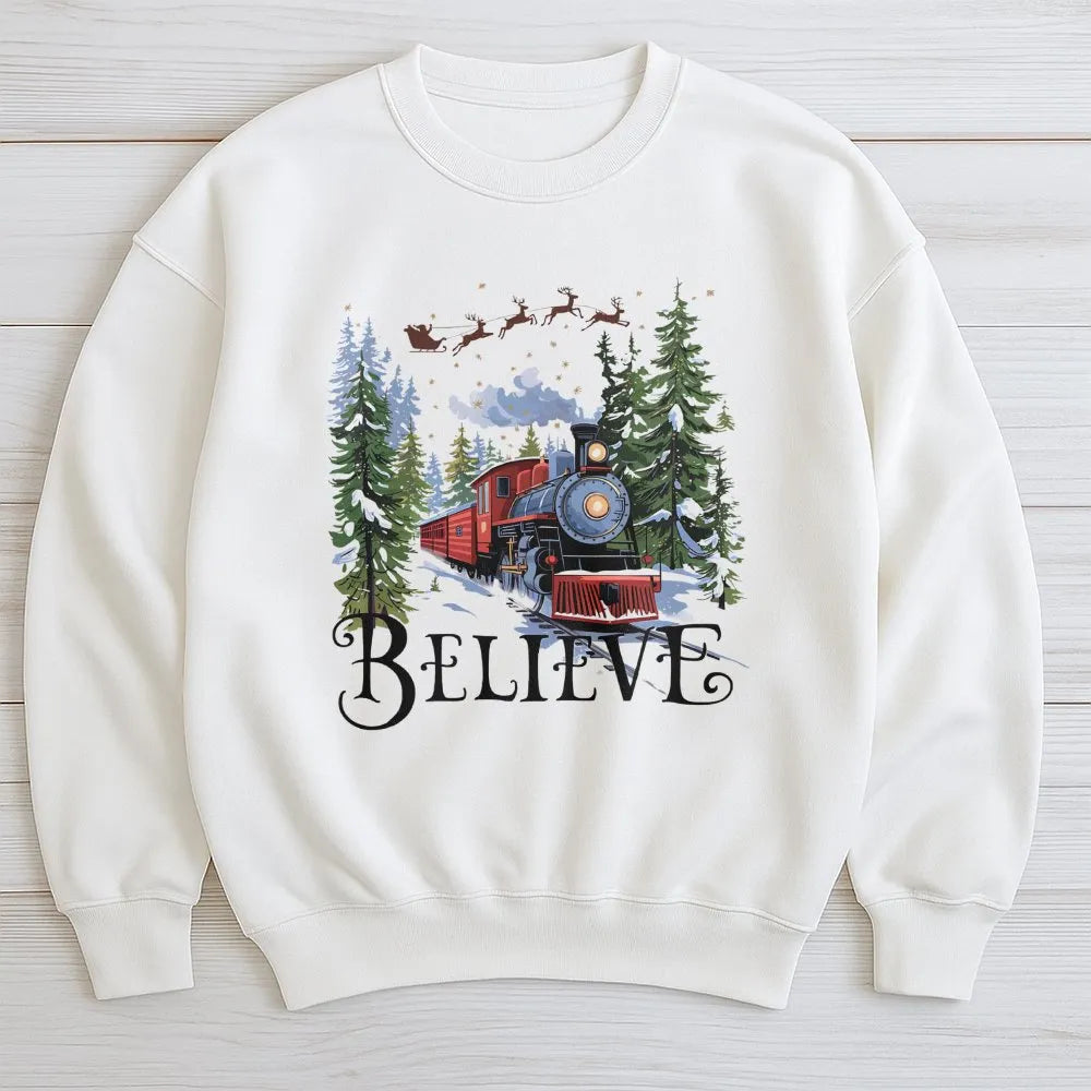 Retro Holiday Graphic Sweater, Believe Christmas Train Sweatshirt, Magical Winter Train Crewneck, Vintage Christmas Sweatshir