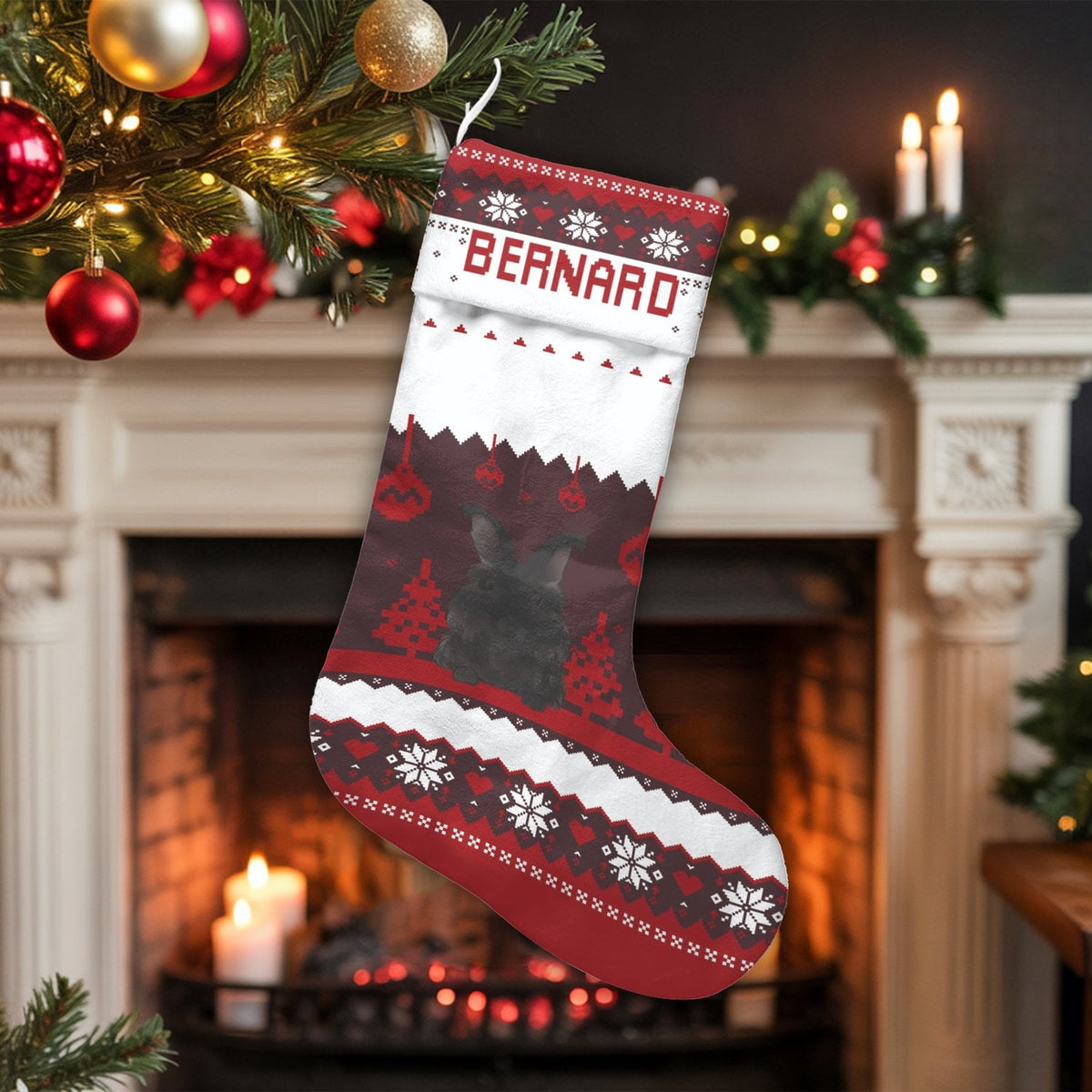 Personalized Bunny Holiday Stocking, Rabbit Christmas Stocking, Custom Name Xmas Stocking, Adorable Pet Christmas Decor, Fami