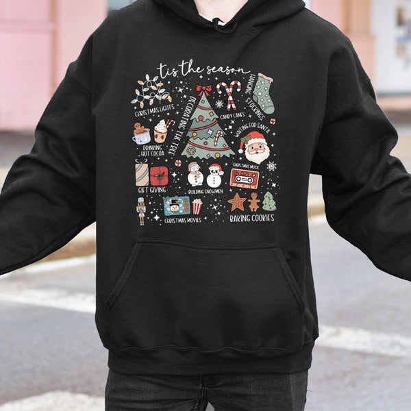Festive Holiday Doodle Hoodie, Tis the Season Christmas Hoodie, Winter Xmas Hooded Sweatshirt, Retro Holiday Pullover Hoodie,