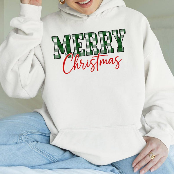 Green Buffalo Plaid Christmas Hoodie, Merry Christmas Hoodie, Festive Xmas Tree Pullover Sweatshirt, Holiday Graphic Hoodie P