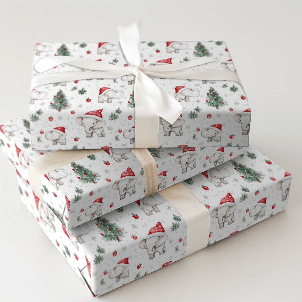 Santa Hat Holiday Gift Wrap, Baby Elephant Christmas Wrapping Paper, Adorable Watercolor Animal Wrapping Paper, Kids Christma