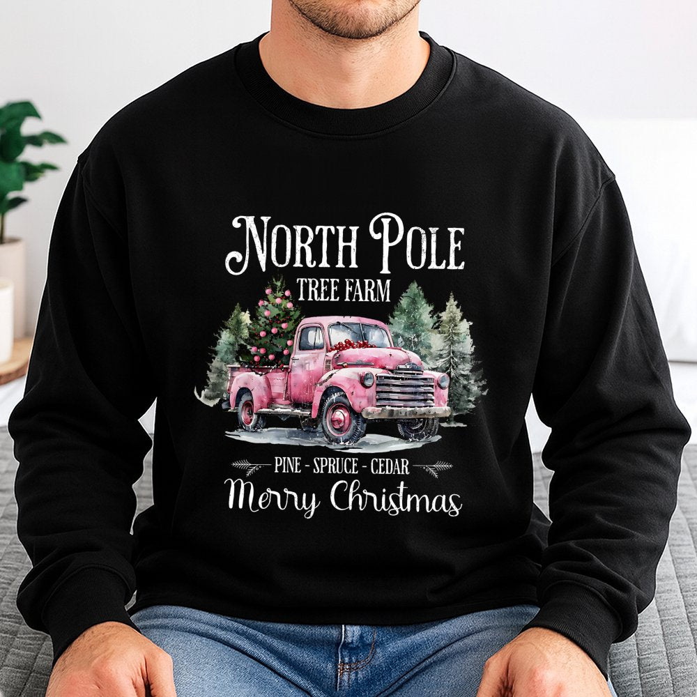 Pink Vintage Truck Christmas Crewneck, North Pole Tree Farm Sweatshirt, Coquette Holiday Tree Sweater, Adorable Winter Xmas P
