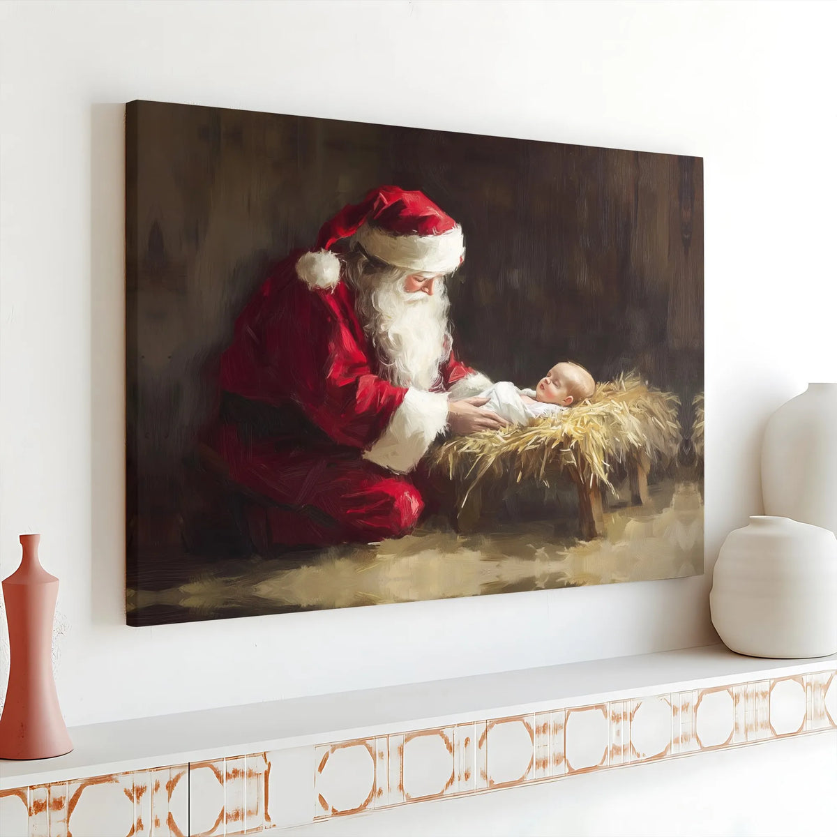 Nativity Canvas Wall Art, Santa Kneeling Before Jesus Canvas, Christian Christmas Canvas Print, Religious Faith Holiday Home 