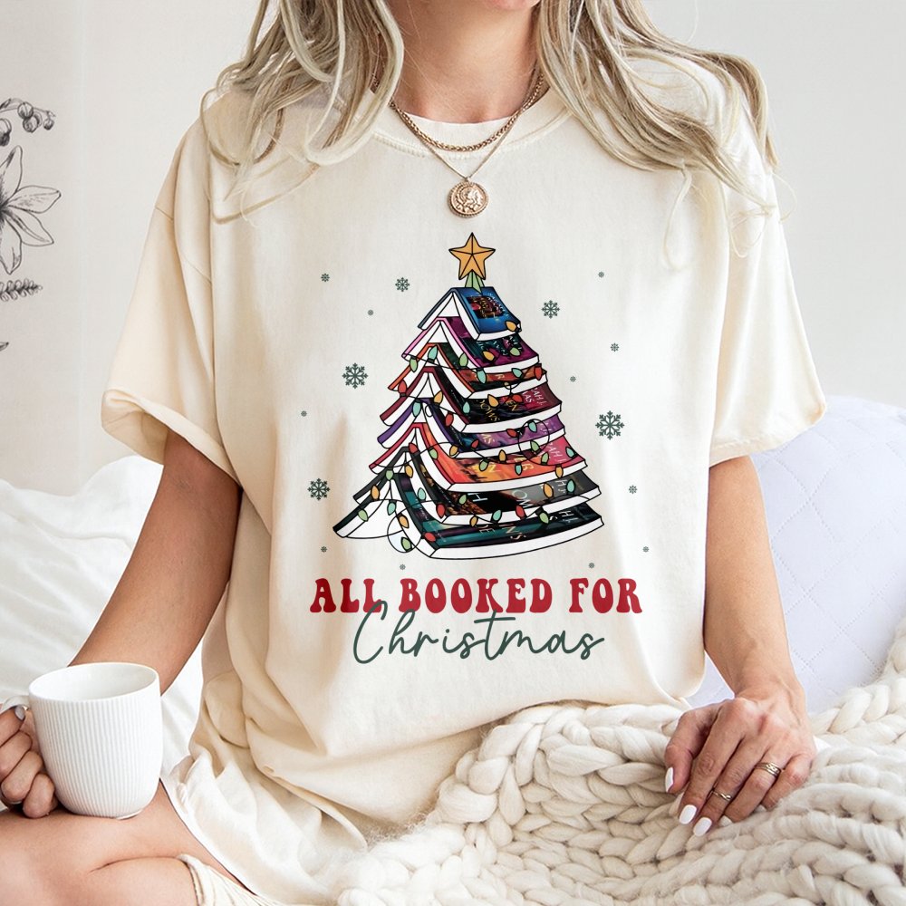 Festive Book Tree Graphic Tee, All Booked for Christmas T-Shirt, Adorable Holiday Reader Shirt, Winter Bookish Present for Bo