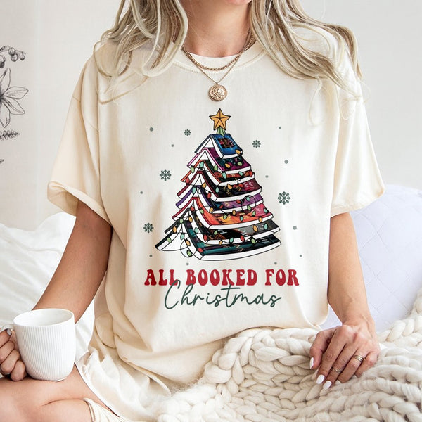Festive Book Tree Graphic Tee, All Booked for Christmas T-Shirt, Adorable Holiday Reader Shirt, Winter Bookish Present for Bo