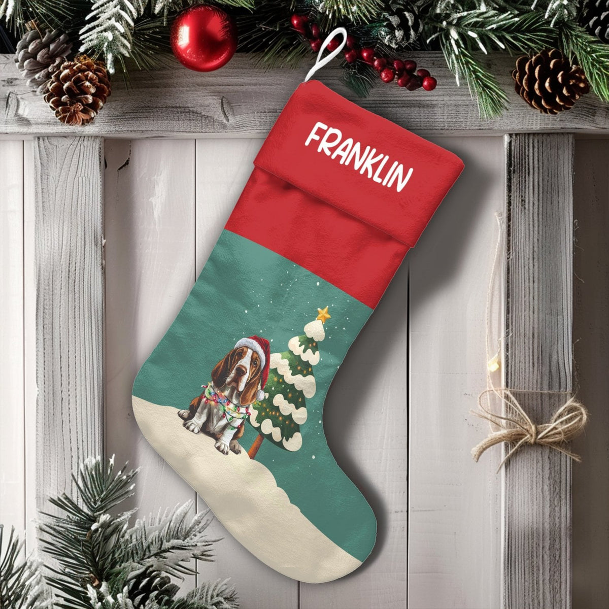 Adorable Dog Santa Hat Stocking, Personalized Basset Hound Christmas Stocking, Custom Pet Christmas Stocking, Holiday Decor P