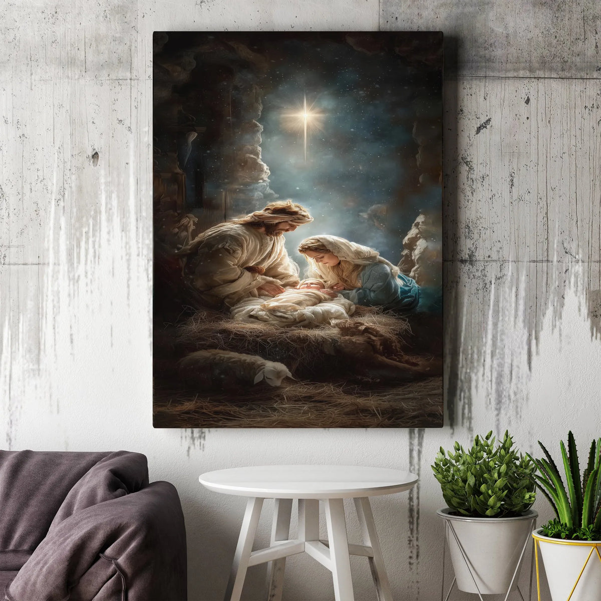 Holy Family Stable Canvas Print, Nativity Scene Canvas Wall Art, Christmas Nativity Religious Canvas Decor, Christian Holiday