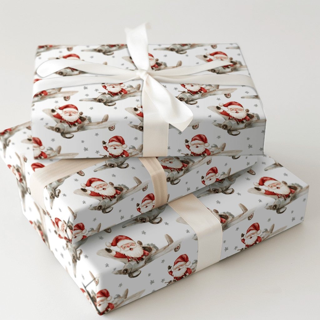 Vintage Flying Santa Gift Wrap, Airplane Santa Wrapping Paper, Watercolor Pilot Santa Christmas Paper, Retro Aviation Gift Wr