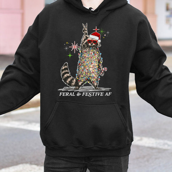 Tangled Christmas Lights Sweatshirt, Feral and Festive Raccoon Hoodie, Humorous Trash Panda Xmas Hoodie, Ugly Holiday Sweatsh