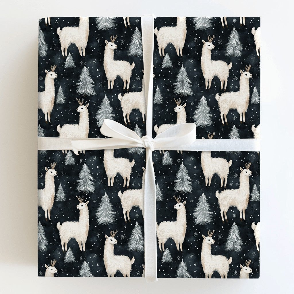 Navy Winter Forest Gift Wrap, Llama Reindeer Wrapping Paper, Snowy Pine Tree Wrapping Paper, Christmas Holiday Paper