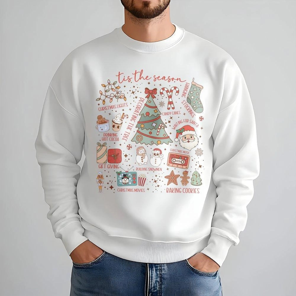 Holiday Icons Xmas Graphic Sweater, Tis the Season Christmas Sweatshirt, Comfy Winter Crewneck Pullover, Festive Holiday Seas