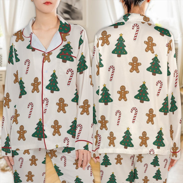Candy Cane Holiday Pajamas, Christmas Gingerbread Satin Pajama Set, Adorable Cookie Satin Pajama Set, Winter Loungewear, Holi