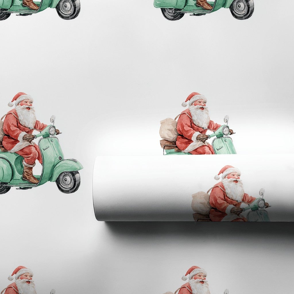Mint Green Holiday Gift Wrap, Retro Santa Scooter Wrapping Paper, Adorable Christmas Wrapping Paper, Whimsical Winter Wrappin