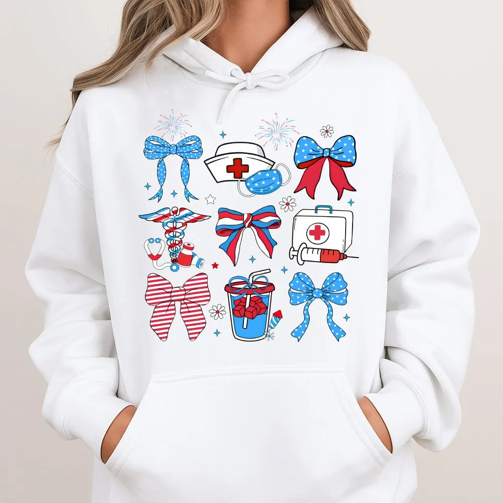 Holiday Bows Nurse Hooded Sweatshirt, Medical Nurse Christmas Hoodie, Festive Healthcare Pullover Hoodie, Xmas Nursing Studen