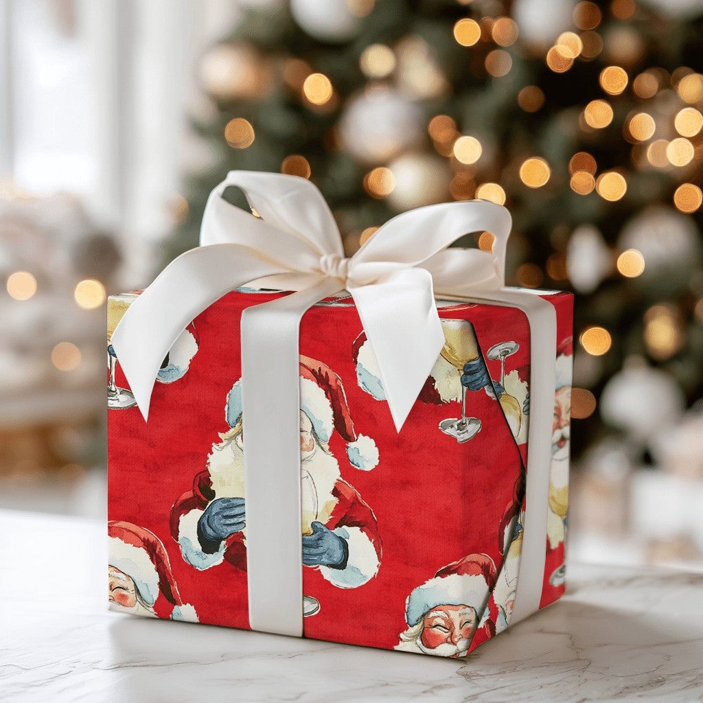 Humorous Red Christmas Gift Wrap, Santa Drinking White Wine Wrapping Paper, Jolly Santa Wine Lover Wrapping Paper, Holiday Pa