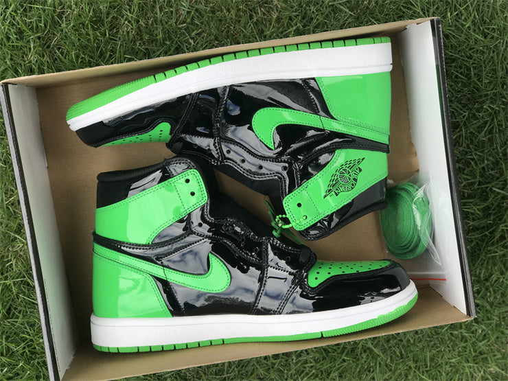 High Top Sneakers, Black Green Colorway, Patent Leather Footwear, Lace Up Design, Casual Gift for Sneaker Fans