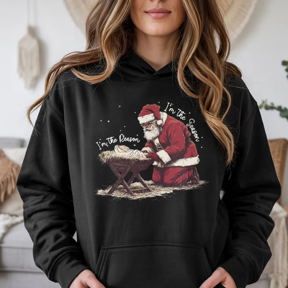 Santa Kneeling Nativity Sweatshirt, Jesus Is the Reason Christmas Hoodie, Christian Holiday Graphic Pullover, Faith Religious